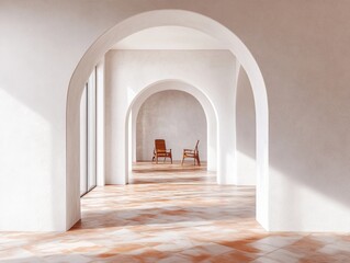 Fototapeta premium A long, narrow hallway with a white archway leading to a room. The archway is decorated with a few windows, and there are two chairs placed in front of it