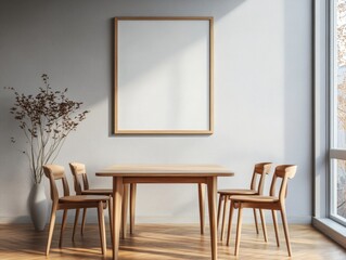 A wooden dining table with four chairs around it. A white framed picture hangs on the wall above the table