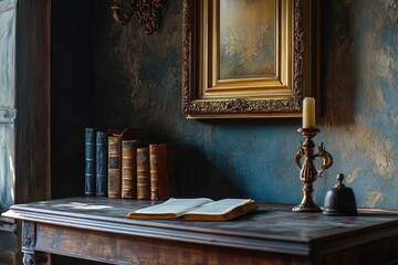 Antique Book on Wooden Desk with Painting and Candle Holder