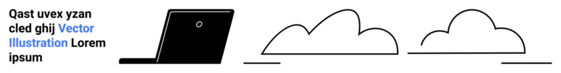 Minimalistic black laptop paired with line-drawn clouds suggesting creativity, connectivity, and remote access. Ideal for technology, cloud computing, communication, data security, innovation, remote