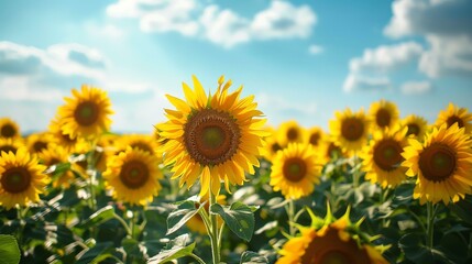 Obraz premium A vibrant field of sunflowers under a bright blue sky, showcasing nature's beauty and the joy of summer blooms in full bloom with sunlight filtering through.