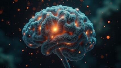 Fototapeta premium A close-up view of a highly detailed, glowing brain surrounded by bright, electric energy flowing out, representing neural activity and the power of the mind. Generative, AI,