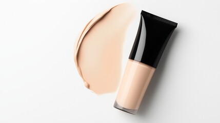 Liquid foundation and swatch on a clean surface showing a light, natural shade for makeup application
