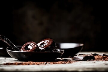 Fototapeta premium Dark chocolate donuts in black bowl with cocoa powder on rustic wooden table