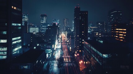 Fototapeta premium Cityscape at Night with Car Lights and Modern Buildings Skyline View