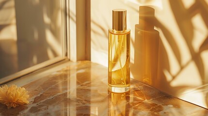 An elegant perfume bottle reflecting warm sunlight on a marble surface, creating a serene and luxurious atmosphere perfect for aesthetic decor.
