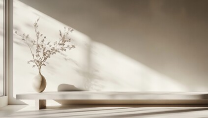 Minimalist beige interior design with sunlight