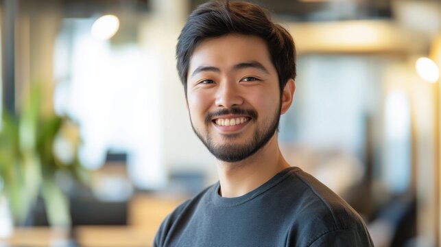 Smiling man in a casual setting with natural light backdrop.