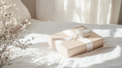 Beautiful gift box placed on a soft white bed with flowers nearby in a cozy, warmly lit room