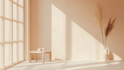 Minimalist, sun-drenched room with neutral color palette
