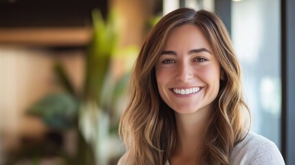 Fototapeta premium Smiling woman with long hair in a bright, modern setting.