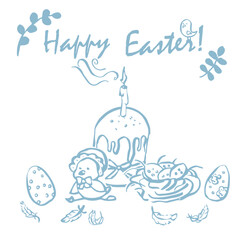 Easter composition with a chicken, botanical twigs and eggs. Ready template for a postcard, poster, invitation for Easter. Vector illustration.