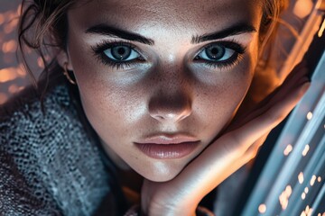 Close-up portrait of young caucasian female with intense blue eyes and freckles in soft lighting