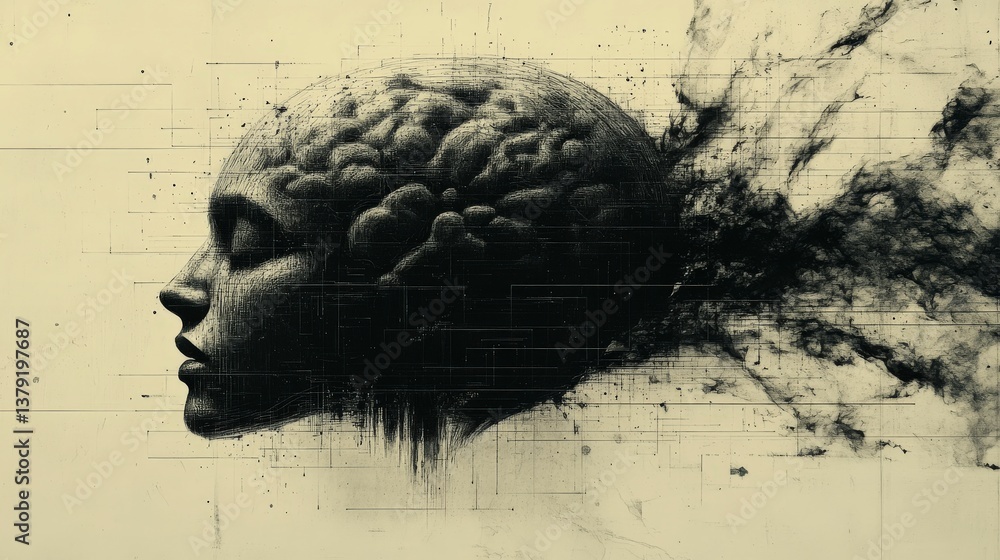 Poster abstract portrait of a disintegrating head