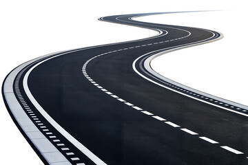Curved road with dashed lines on transparent background