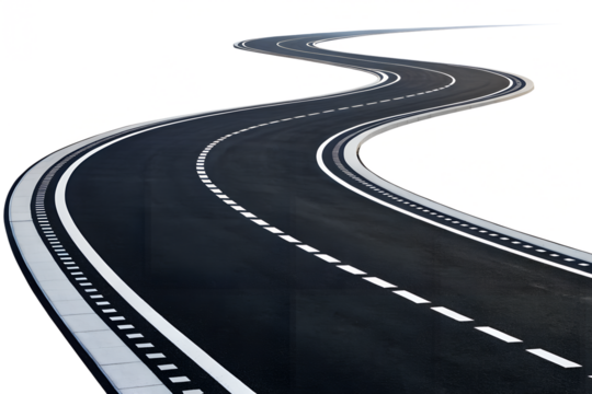 Curved road with dashed lines on transparent background