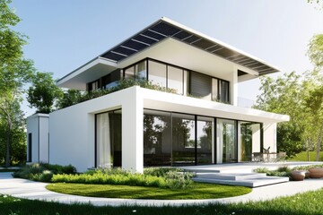 Eco-friendly modern house with solar panels and sustainable design elements