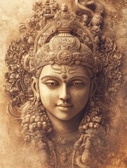 Sculpted Face of Deity with Headdress and Ornate Embellishments Detail