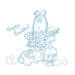 Easter composition with a rabbit, flowers and eggs. Ready template for a postcard, poster, invitation for Easter. Vector illustration.