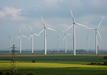 A serene landscape of wind turbines gracefully spinning in a vast, sun-drenched field under a slightly cloudy sky, a symbol of clean energy and sustainable living.