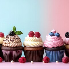 Delightful cupcake assortment showcases vibrant flavors and textures against a soft pastel background