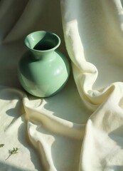 Green ceramic vase, minimalistic design, on soft fabric background