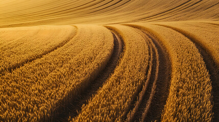 Top-Down Drone View of Golden Wheat Field with Geometric Tractor Paths in Soft Sunset Light