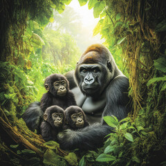 Obraz premium Gorilla Family Portrait: A majestic gorilla mother tenderly cradles her two infants amidst the lush, vibrant greenery of a dense rainforest. Sunlight streams through the canopy.