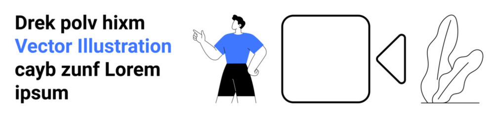 Man wearing a blue shirt gesturing, large square with triangle insets, plant-thumbs up shape. Ideal for presentation, modern design, creativity, branding, marketing, education simple landing page