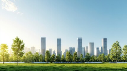 Modern city skyline with tall buildings and lush greenery under a clear blue sky.