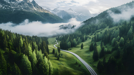 Aerial View of Winding Mountain Road Through the Alps with Snow-Capped Peaks and Morning Fog