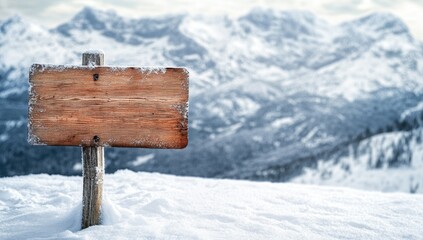 Naklejka premium Blank wooden sign in snowy mountain landscape