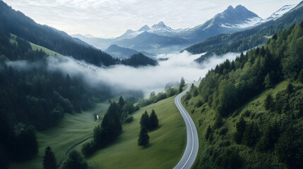 Aerial View of Winding Mountain Road Through the Alps with Snow-Capped Peaks and Morning Fog