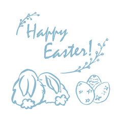 Easter composition with a rabbit, flowers and eggs. Ready template for a postcard, poster, invitation for Easter. Vector illustration.