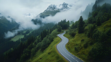 Aerial View of Winding Mountain Road Through the Alps with Snow-Capped Peaks and Morning Fog