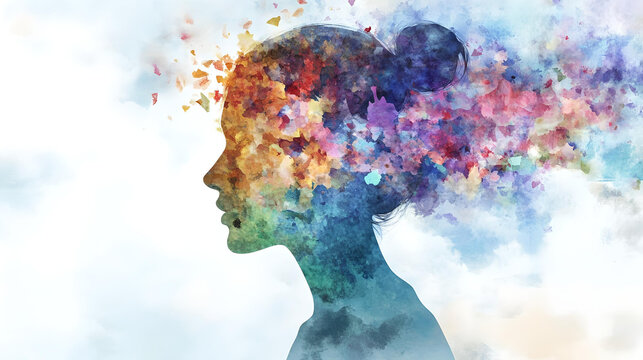 Abstract watercolor silhouette with exploding thoughts
