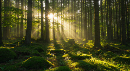Fototapeta premium Dense forest with sun rays filtering through the trees