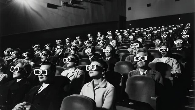Black and white video still of an audience wearing 3D glasses in a theater, captured from a front angle, highlighting vintage cinema experience.