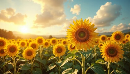 Obraz premium Vibrant sunflower field basking in golden sunlight with blue sky and fluffy clouds