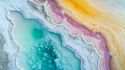 Top-Down Drone View of Geometric Salt Lake with Colorful Mineral Patterns and Surreal Textures
