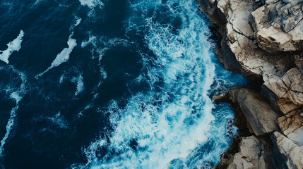 Aerial Top-Down View of Ocean Waves Crashing Against Rugged Cliffs with Dramatic Contrast