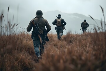 Group of soldiers in camouflage uniforms on a tactical mission in a mountainous field.