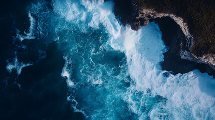 Aerial Top-Down View of Ocean Waves Crashing Against Rugged Cliffs with Dramatic Contrast