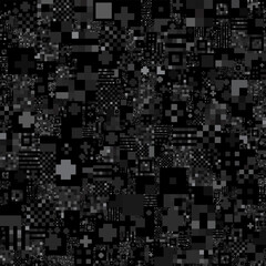 An abstract pattern with gray and black geometric shapes, creating a pixelated or fragmented effect.