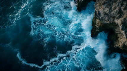 Aerial Top-Down View of Ocean Waves Crashing Against Rugged Cliffs with Dramatic Contrast