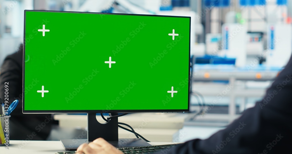 Poster engineer in photovoltaics factory using chroma key computer to diagnose malfunctioning systems. sola