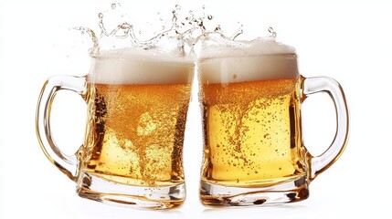 Two Glasses of Refreshing Golden Beer Frothy Head Celebration Cheers Toast Festive Drinks Alcohol Beverage Refreshment Party Golden Hour Light Bubbles Sparkling Tasty Pint Beer Mug bar pub ale cold   