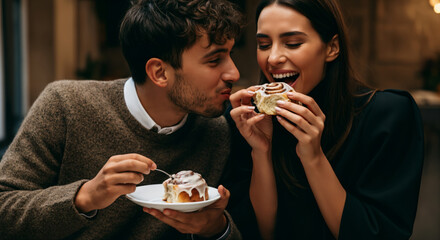 Young caucasian couple enjoying sweet cinnamon rolls together in cozy setting