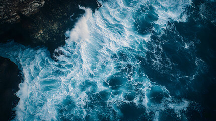 Aerial Top-Down View of Ocean Waves Crashing Against Rugged Cliffs with Dramatic Contrast