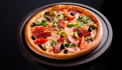 Pizza with various toppings, close-up, appetizing food photography, studio shot.